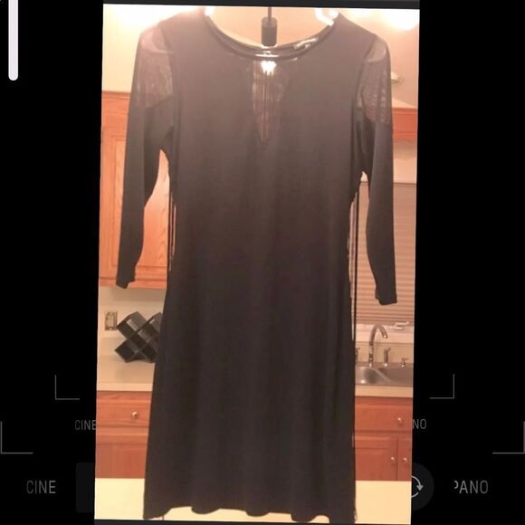 Women’s Black Mini Dress with Mesh Shoulders & V Neck with Fringe Back * - Picture 1 of 2